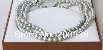 

huij 003282 3row 9-10mm round Gray Freshwater pearls necklace seashell clasp
