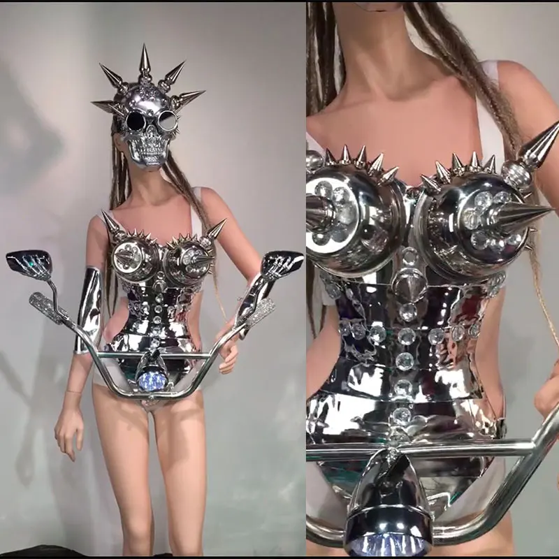

Sexy Lady Silver MirrorLocomotive Head Clothes Skull Mask DJ GOGO Dance Dress Party Robot Suit Performance Wears DS Costume