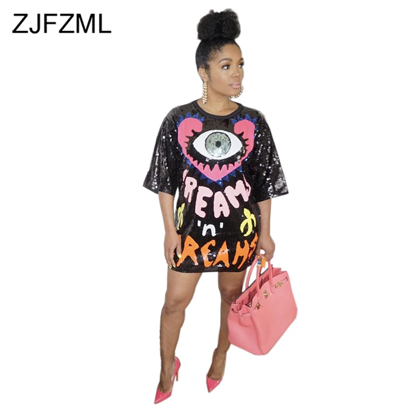 

Eyes Letters Print Summer T Shirt Dress Women Sparkly Sequined Patchwork Loose Mini Dress Summer O Neck Half Sleeve Party Dress
