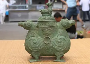 

Chinese Dynasty Pure Bronze Two Bird beast Zun Sheep Vase Flask Crock Bottle Pot