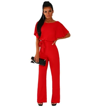 

Summer Women Office Work Jumpsuits Casual O-Neck Black Red Blue Loose Rompers Female Streetwear Short Sleeve Bandage Jumpsuits