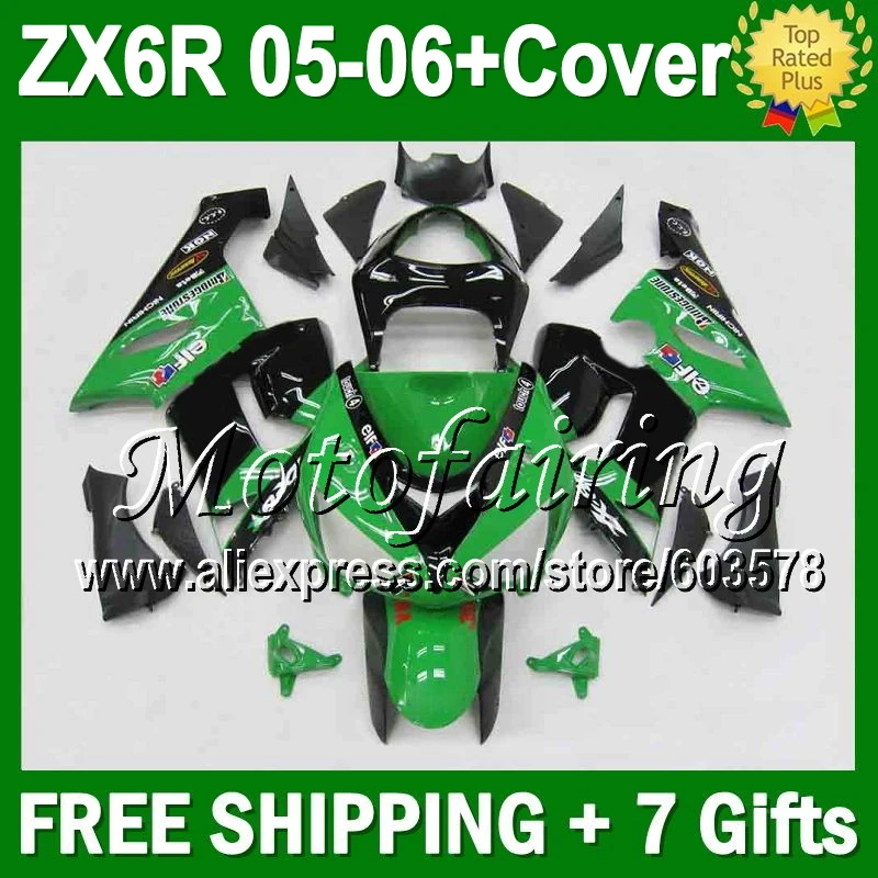 

HOT 7gifts+Tank Cover For KAWASAKI 05-06 NINJA ZX 6R 636 gloss green black JM938 ZX636 ZX-6R ZX6R 05 06 2005 2006 Fairings