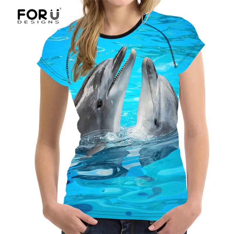

FORUDESIGNS 2017 Brand Women T Shirt 3D Dolphin Shark Prints Woman Crop Tops Tees Shirts Novelty Female Shirt Feminine T-shirt
