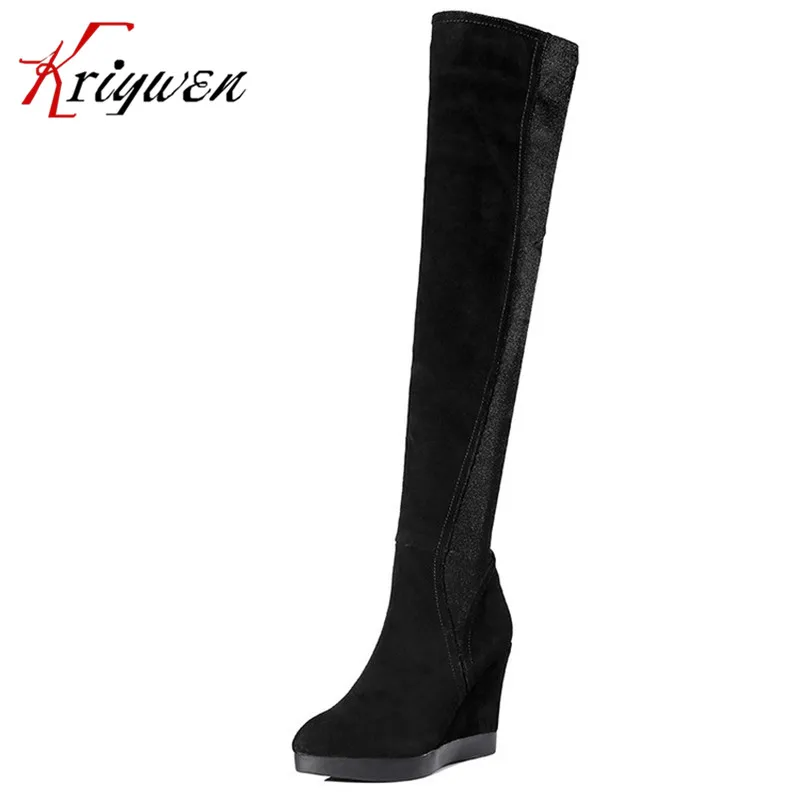 

High Quality Cow soft Leather short Plush Inside Women Zipper Cow Split+Stretch Fabric wedges Women over the knee thigh Boots
