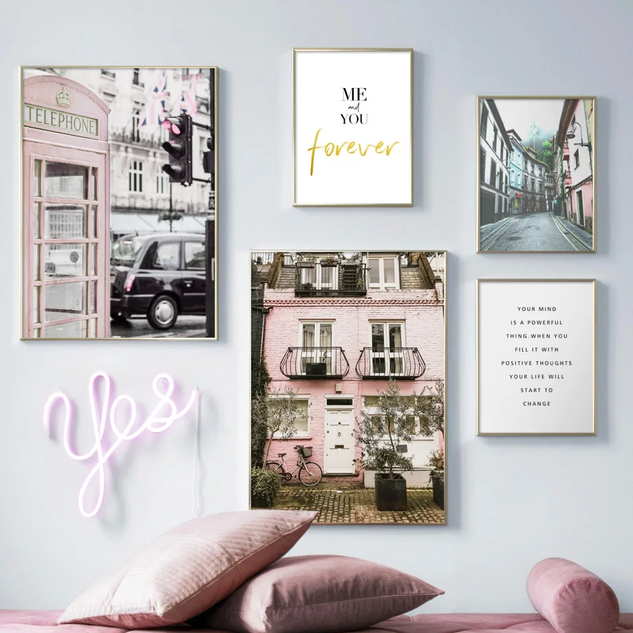 

Paris Street Road Car Wall Art Canvas Painting Pink Nordic Posters And Prints Landscape Wall Pictures For Living Room Decor