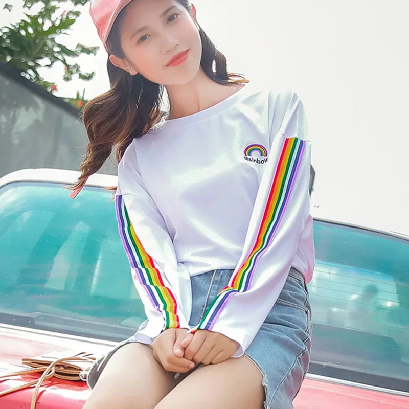 

Harajuku Women Cute Cartoon Rainbow Stripe Print T-Shirt Girl Long Sleeve O Neck Student Casual Oversized Loose T-shirt Tops