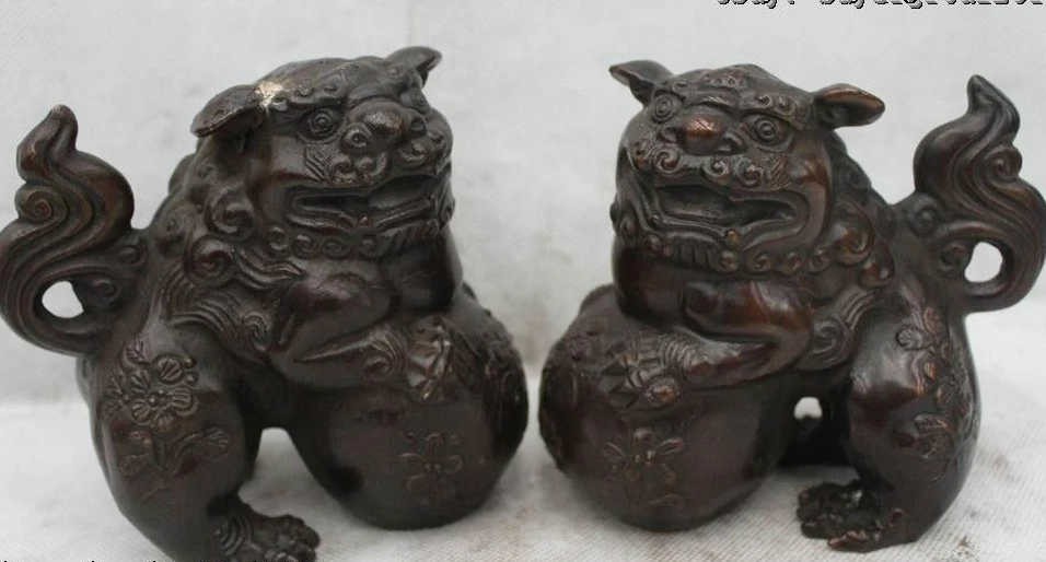 

5"Chinese Home Fengshui Bronze Guardian Lion Foo Fu Dog Male Female Statue