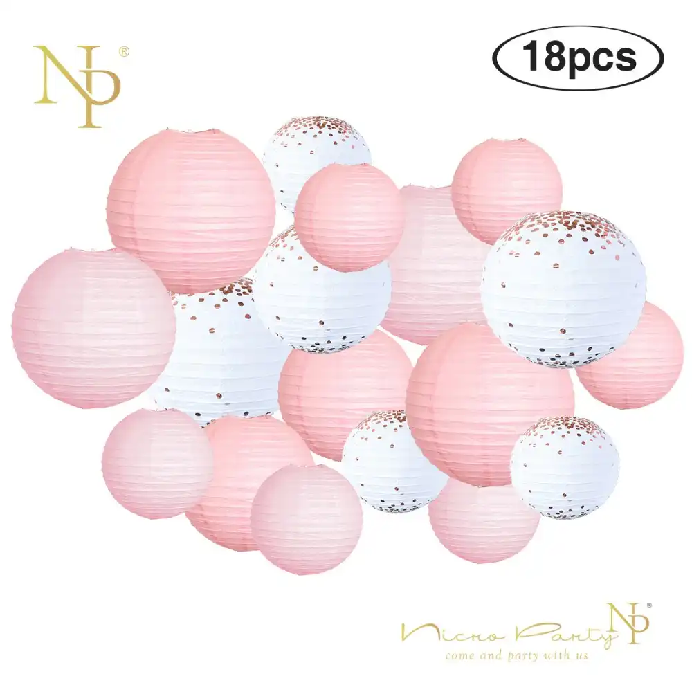 Nicro 18 Pcs Set Pink Rose Gold Copper Foil Paper Lantern Hanging