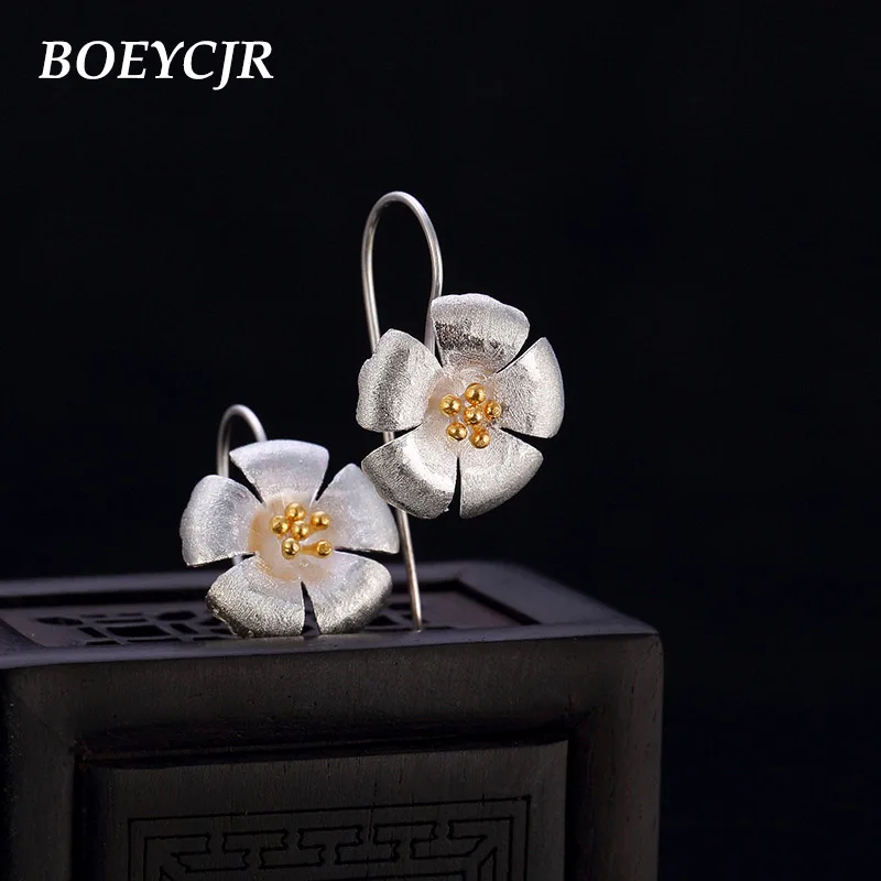 

BOEYCJR Ethnic Vintage S925 Sterling Silver Flower Drop Earrings Fine Jewelry Elegant Dangle Earrings For Women 2019