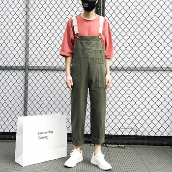 

2019 Overalls Jumpsuits Green Men's Denim Suspenders Big-Pocket Hip-Hop Loose