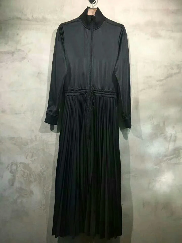 

European and American fan women long sleeve stand collar pure color elastic waist dress