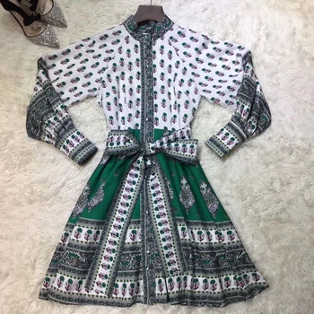 

Ziwwshaoyu Vacation Print dresses Stand Sashes Puff Sleeve temperament Slim dress Spring and summer new women's