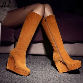

RLINF Thigh High Boots Lace-up Winter Cow Flipping Wedge with Yellow High Boots Leather Women's Boots Knight