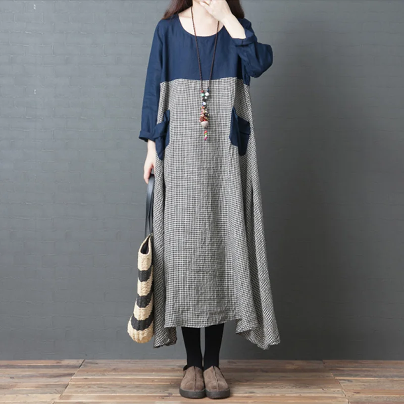 

Johnature Patchwork Cotton Linen Dress Women Spring Pockets Long Sleeve O-Neck Loose 2019 New Plaid Women Casual Dresses
