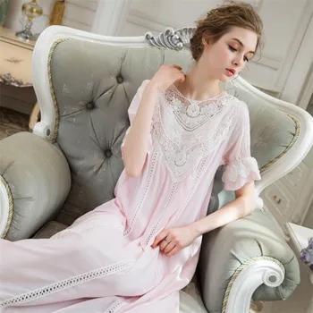 

2019 summer new short sleeve Court Princess Retro Nightdress women cotton Sweet elegant plus size lace stitching Dress p1064