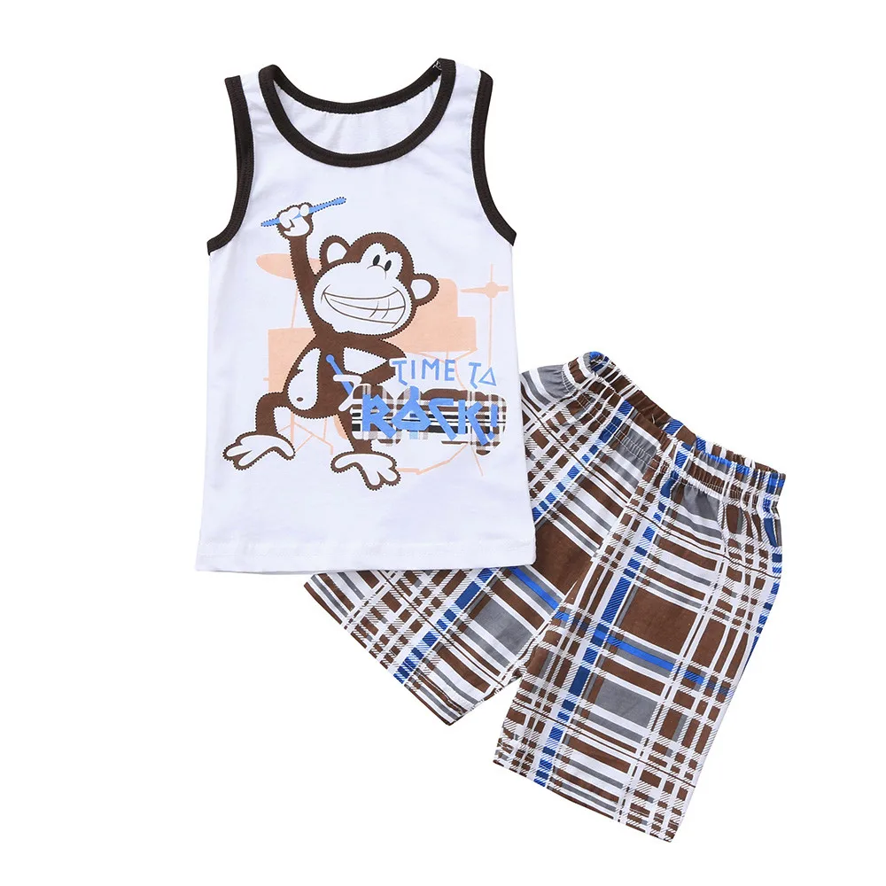 Комплект одежды из 2 предметов для маленьких мальчиков: топ с принтом обезьяны и надписью + штаны в клетку, Детский комплект из 100% хлопка