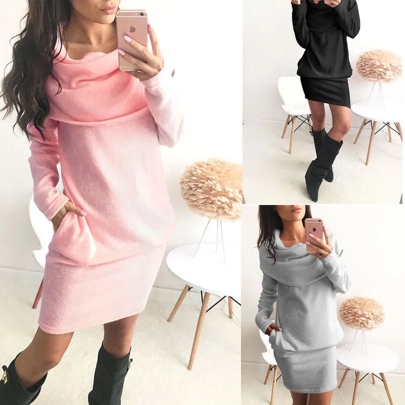 

Women Solid Dress Casual Warm Cotton Clothing Wear Long Sleeve Loose Turn Neck Mini Dress For Winter Autumn Wear