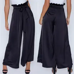 Высокая талия широкие брюки длинные брюки Для женщин Свободные шнурок ПР обтягивающие брюки палаццо женский, черный