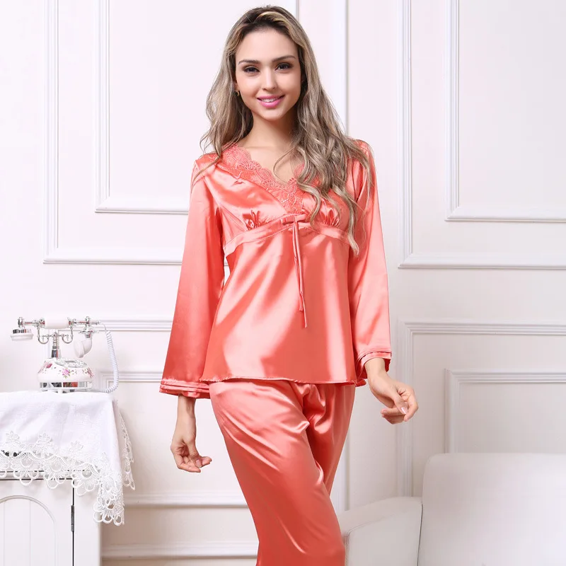 

New summer autumn lady silk pajama set high-end silk embroidered long sleeved pajamas bowknot V Neck Sleepwear Orange Color