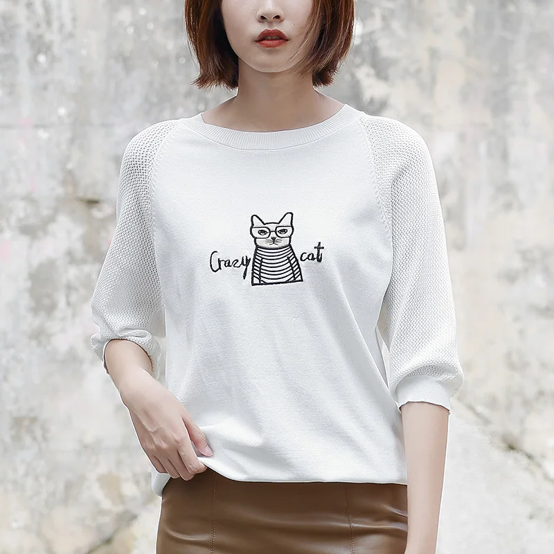 Yichaoyiliang Autumn New Loose O-neck Knitted Tops Three-Quarter Sleeves Pullover Sweater with Cartoon Pattern Girls Students | Женская