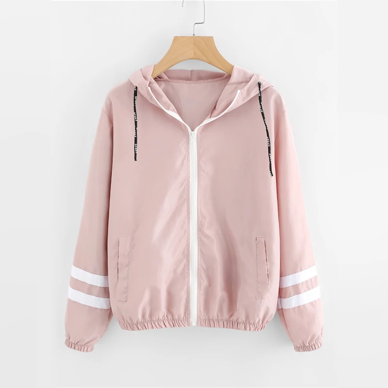 

Pink Varsity-Striped Zip Up Hooded Jacket Women oversized Casual Autumn New Style Hoodie Coats Ladies Spring Sporty Outerwear
