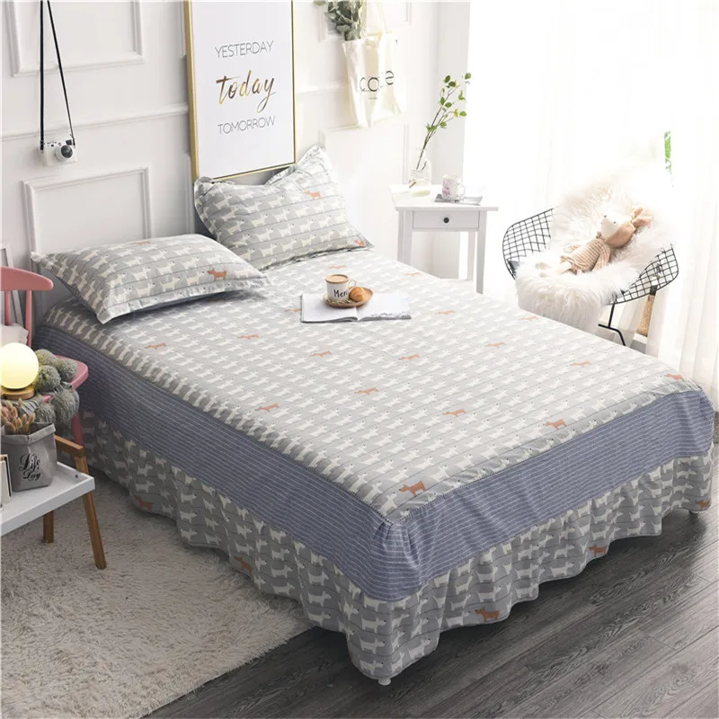 

Cartoon White Bear Pattern 100% Cotton Fabric 3pcs Bed Skirt Pillowcase For Queen Full Size Bedding Sets Super Soft Bedspread