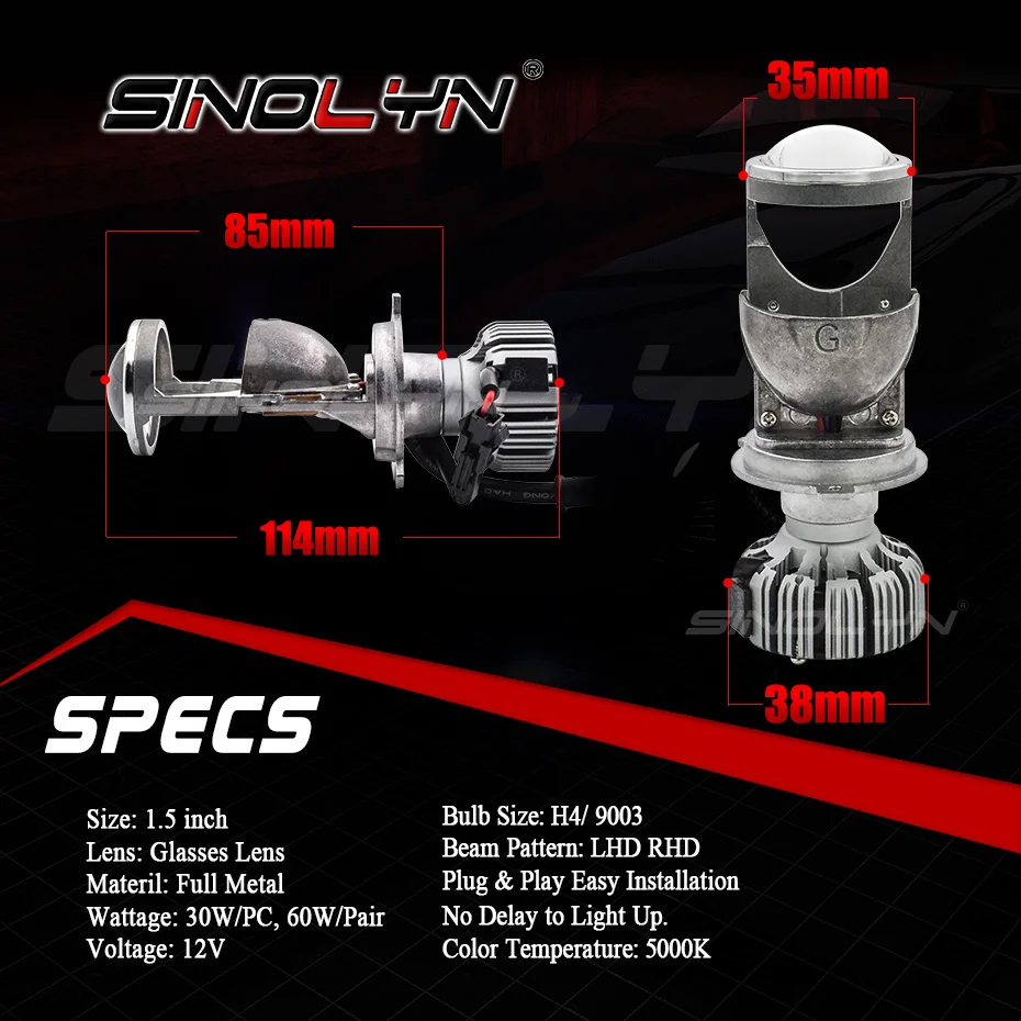  9003 H4 LED Mini H4 Bi-LED Canbus EMC Decoder Projector Lenses Error Free 1.5'' 60W 5000K Bulbs For - 33002259745