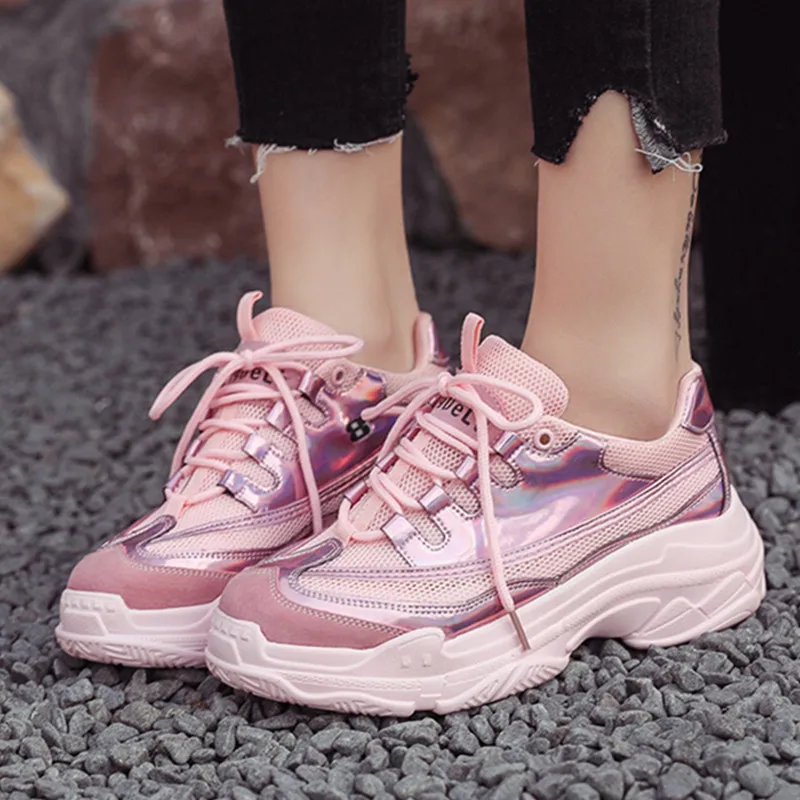 

Women Red Platform Shoes Glossy PU+Mesh Breathable High Street Ladies Shoes Thick Sole 4.5cm Women Chunky Sneakers AS-102