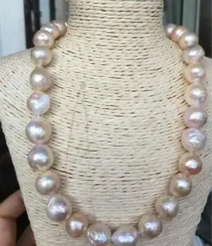 

HUGE 18"14-15mm natural south sea genuine baroque gold pink pearl necklace 14K/20AAA
