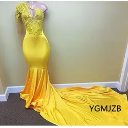 Пикантные желтые вечернее платье длиной 2018 одно плечо Кружева в африканском стиле Для женщин платья для выпускного вечера Формальное