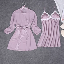 Женский сексуальный Шелковый Атласный шифоновый халат, комплект кружевного халата, модный банный халат+ ночная рубашка, 2 предмета на весну и лето