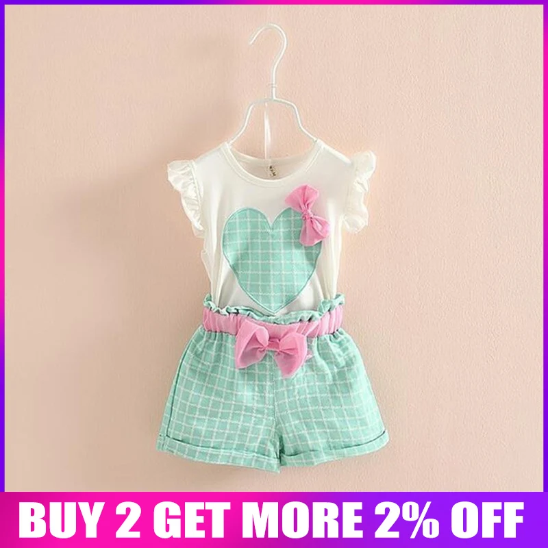 

BibiCola Summer Baby Girls Clothing Set infant Children Suit Set 2Pcs Tops + Bow Lattice Shorts Kids Girls Outfits Clothes Sets