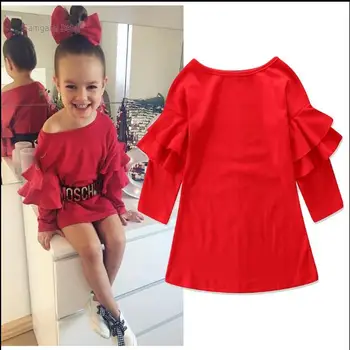 

INS foreign trade children's clothing 2018 spring and autumn explosion models girls ruffled long-sleeved red dress
