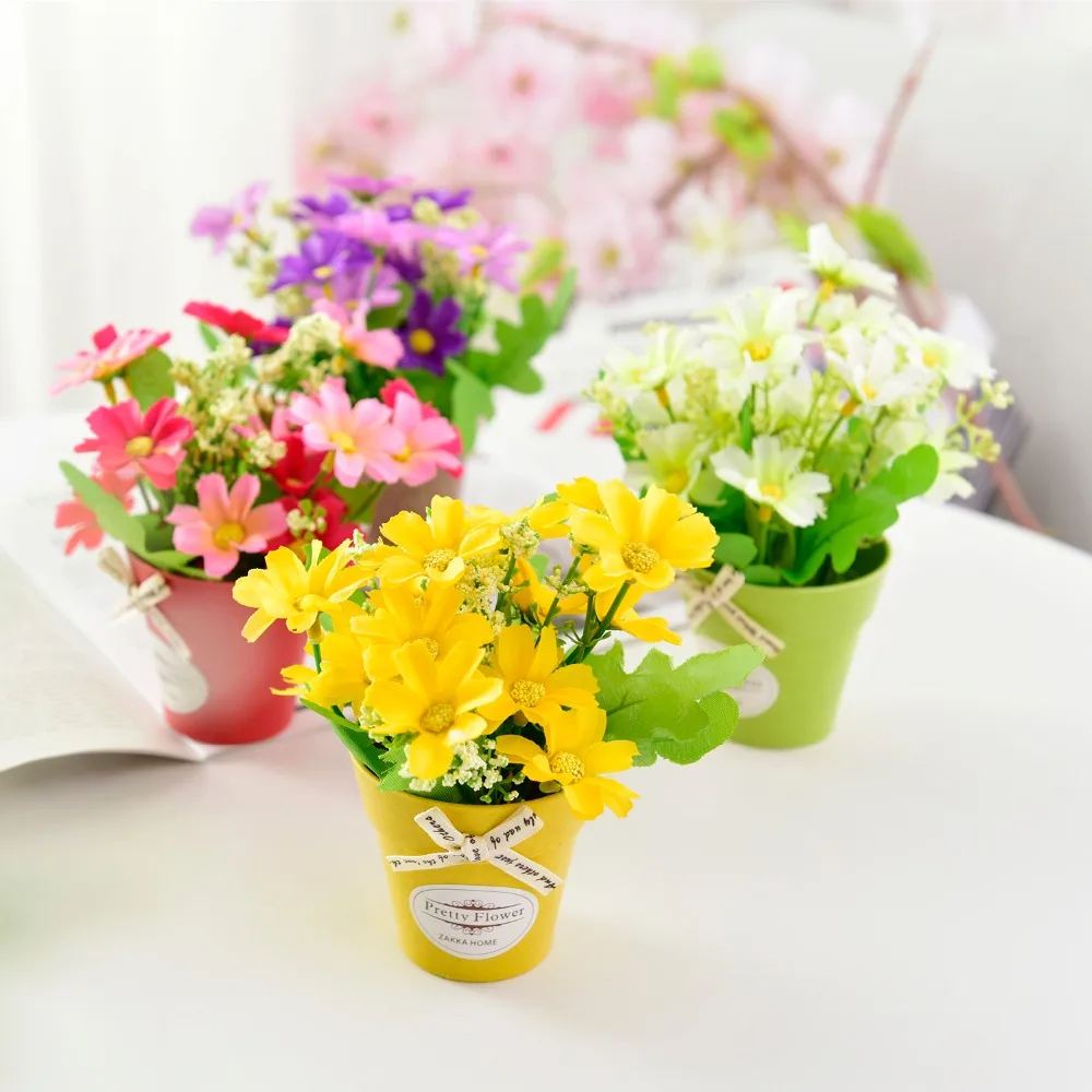 Искусственные цветы хризантемы с пластиковой вазой, мини бонсай, искусственные цветы, свадебные принадлежности, украшение сада, Декор для дома