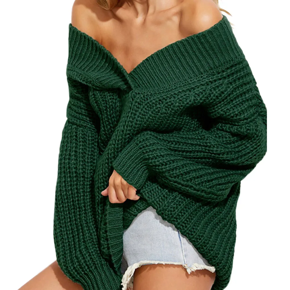 

Fashion Women Off Shoulder Sweaters Sexy V Neck Strapless High Quality Thicken Knit Coat Lady Long Sleeve Solid Casual Clothes