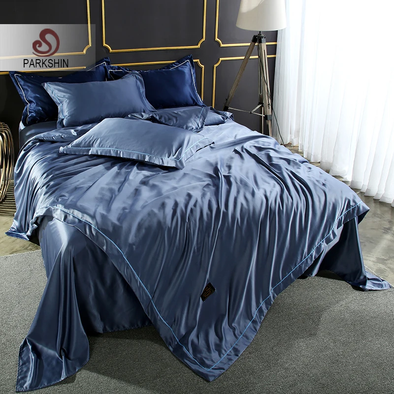 

ParkShin Luxury Blue Gray Color Bedding Set 100% Silk Home Textiles Soft Comfort Duvet Cover Silky Bed Set With Flat Sheet 4pcs