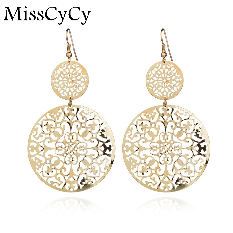 

MissCyCy Vintage Fashion Hollow Flowers Circle Earrings For Women Luxurious Gold Color Drop Earring Gifts