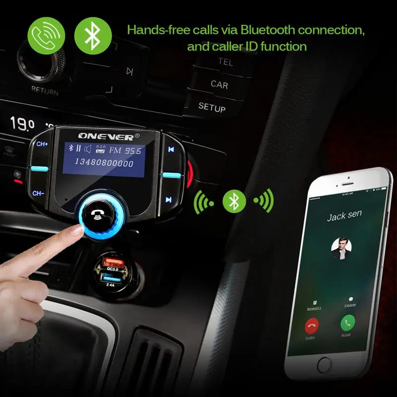 Onever FM передатчик 2 порта QC 3,0 быстрое зарядное устройство Bluetooth Handsfree автомобильный комплект модулятор 1,65 ''экран MP3 плеер Поддержка Siri