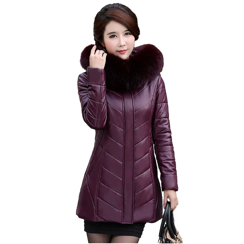 

Winter Leather Jacket Womens 2018 New Thicken Cashmere Parkas Fur collar Hooded Coat Plus size L-8XL Slim Female Warm Coats N235