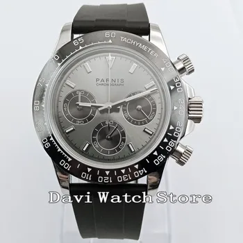 

39mm PARNIS gray dial sapphire rubber strap Chronograph quartz mens watch 2906