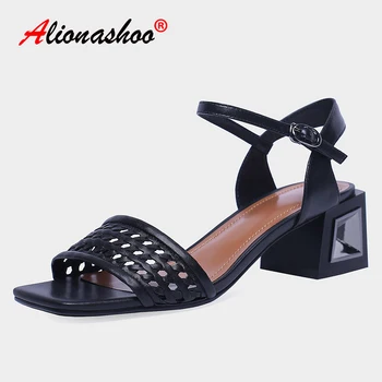 

Women Sandals 2019 Genuine Leather Buckle Thick Heels Party High Heel Summer Shoes Women High Quality Shoes Black White Size 39
