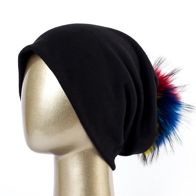 Бренд Geebro, женская шапка бини, Повседневная хлопковая шапка с помпоном, шапки бини, енот, помпон Лисий мех, Skullies, шапки-Балаклавы для женщин, JS294 - Цвет: Black C