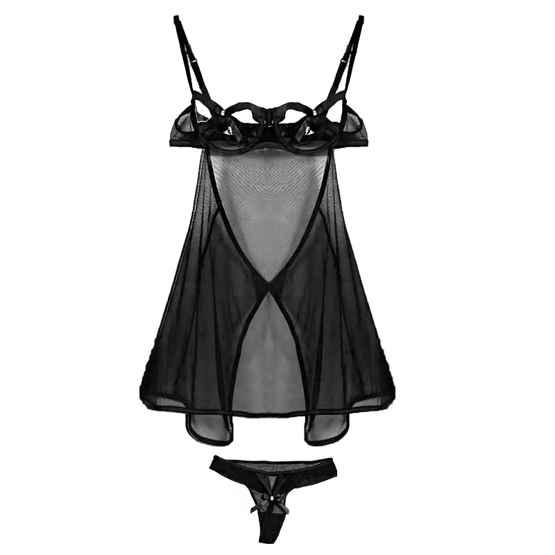 Летняя черная сексуальная ночная рубашка с открытой спиной и бантиком на бретельках, Мини Ночная рубашка с сеткой, дамское нижнее белье, пижама для женщин - Цвет: Черный