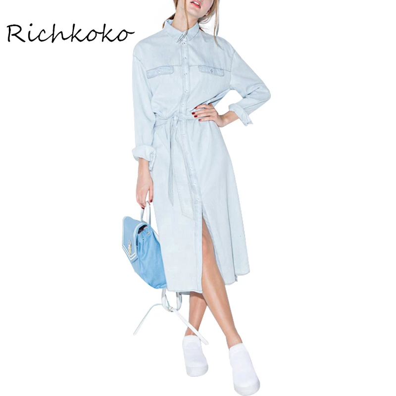 Richkoko Fashion Denim Midi font b Dress b font Blue Vintage Single Breasted Tie Waist font
