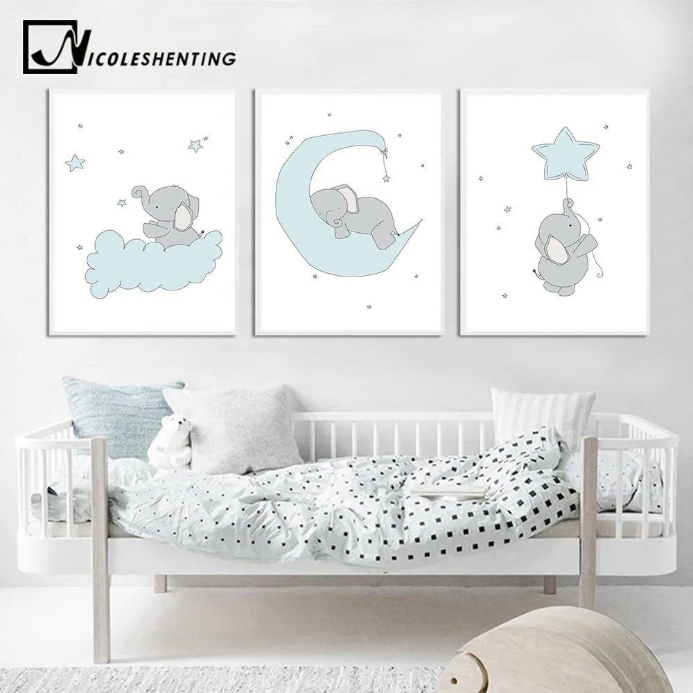 Elephant Canvas Poster Cartoon Nursery Wall Art Print Picture Baby Room Decor 