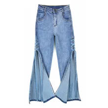 Большого размера, расклешенные брюки женские джинсы новые свободные женские джинсовые брюки с разрезом сбоку прямые джинсы с высокой талией gx267