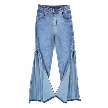 

Plus size Flare Pants women jeans 2019 new Loose Denim Trousers Female Side Slit Drawstring Straight Jeans High Waist gx267