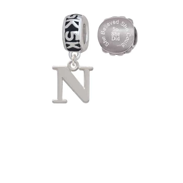 Silvertone Large Initial - N - 5K Run She Believed She Could Charm Beads (Set of 2)