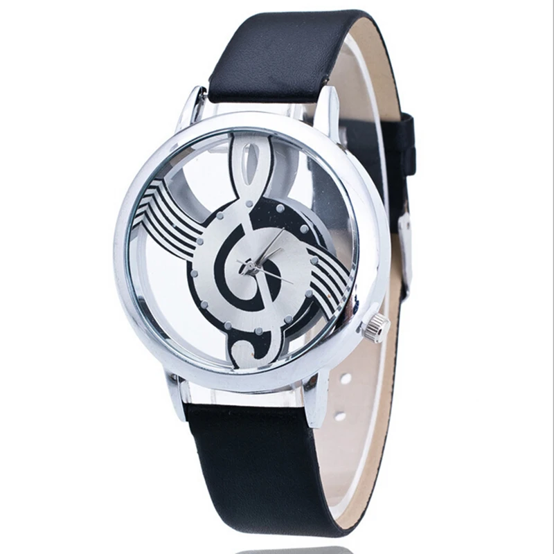 Shellhard Fashion PU Band Stainless Steel Analog Quartz Casual Watch Notation Hollow Music Men Women Wrist Watch Montre Femme