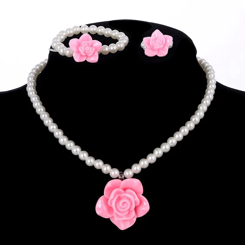 Hesiod Baby S Rose Flower Chunky Necklace Fashion Children Trendy New Design Flower 3 Pcs Jewelry Set For Children Simulated Pearl Bead Necklace Little